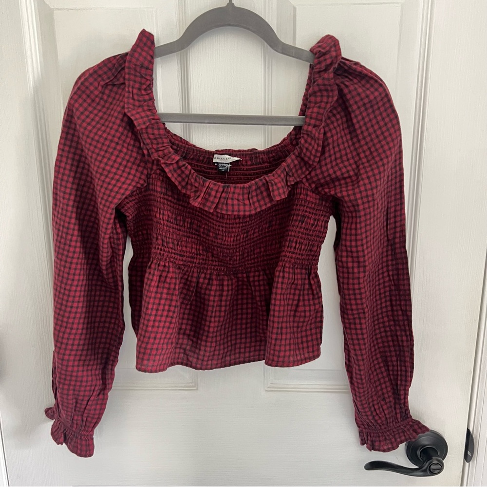 American Eagle Plaid Peasant Top with Ruffle Neck